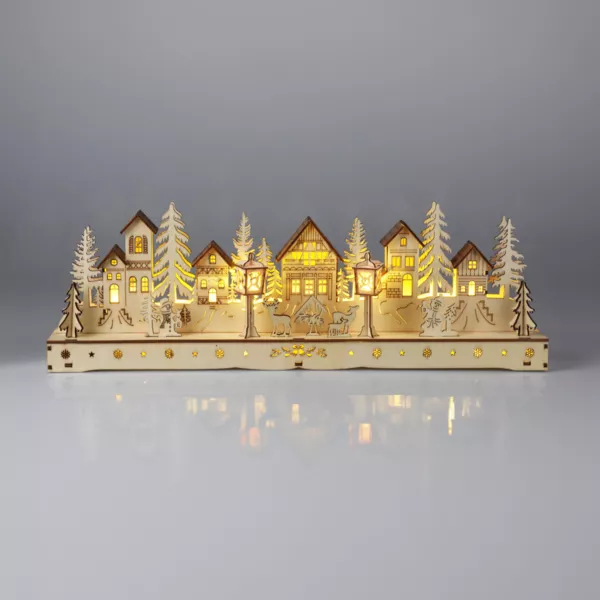 Village de No�l en bois lumineux � piles (45 x H15 cm) Square enchant� Naturel