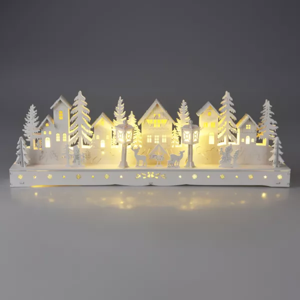 Houten Kerstdorp met licht op batterijen (45 x H15 cm) Betoverend Plein Wit