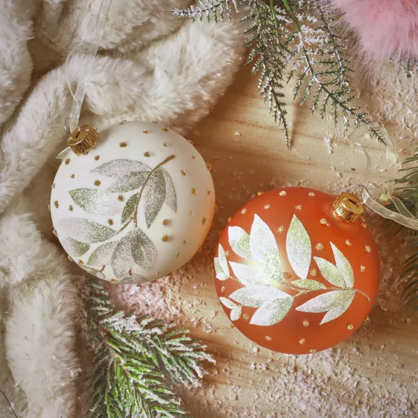 Set di 6 palline di Natale in vetro (D80 mm) Natura invernale Cognac e bianco lana