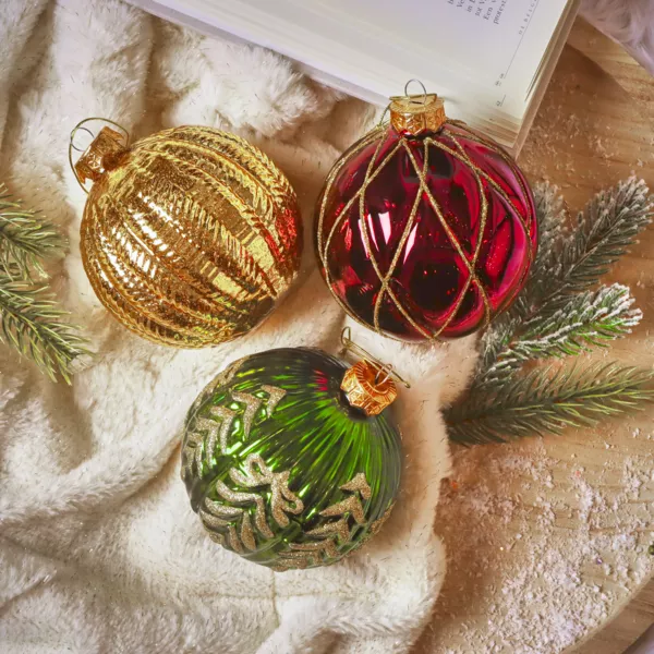 Set von 12 Weihnachtskugeln aus Glas (D100 mm) Tr�umerei Bordeaux, Tannengr?n und Gold