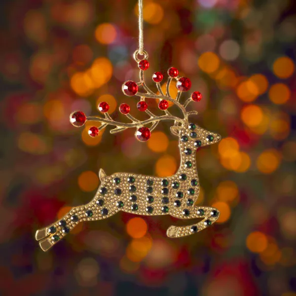 Adorno de Navidad colgante de metal (H9 cm) Reno y strass Dorado