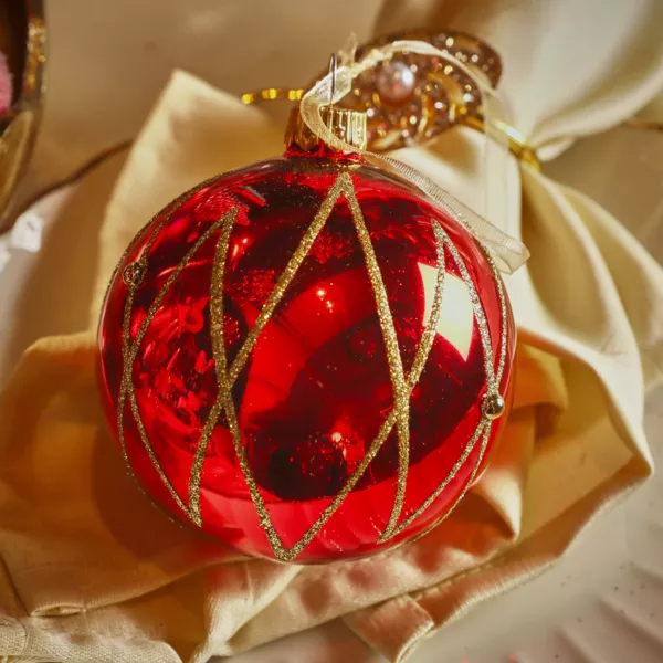 Set von 6 Weihnachtskugeln aus Glas (D80 mm) Prestige Rot mit goldenem Glitzer