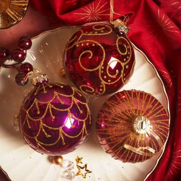 Set von 12 Weihnachtskugeln aus Glas (D80 mm) Italienische Paläste Feige und Gold