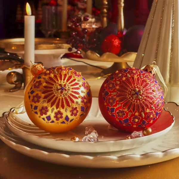 Lot de 6 boules de No�l en verre (D80 mm) Flocons Palazzo Rouge et or