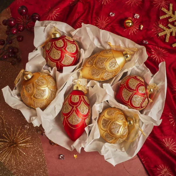 Lot de 12 boules de No�l en verre (D80 mm) Baroque Rouge et or