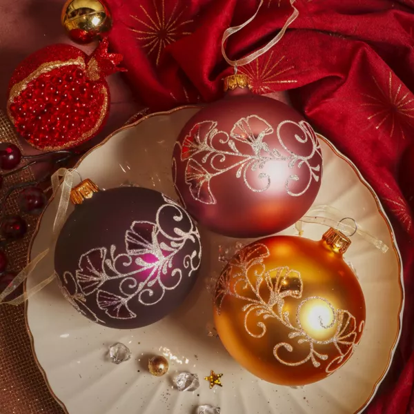 Lot de 6 boules de No�l en verre (D80 mm) Bucolique Or, figue et rose