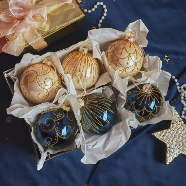 Lot de 12 boules de No�l en verre (D80 mm) Palais de France bleu nuit et perle