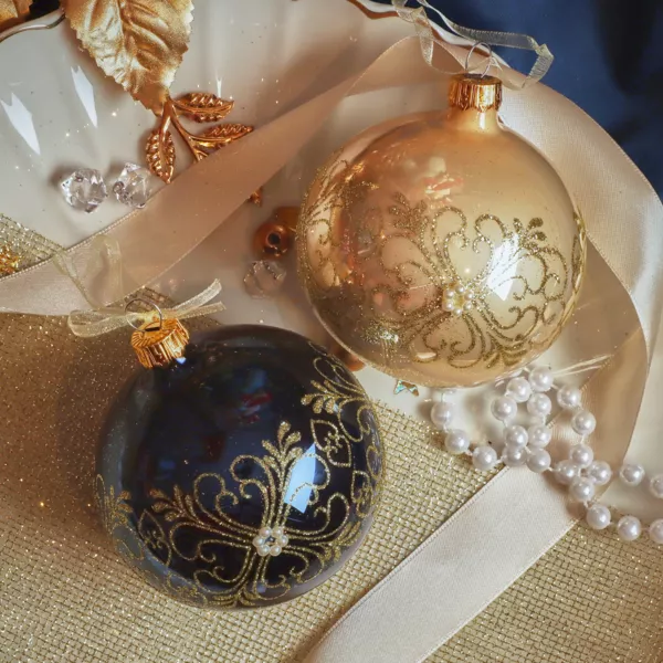 Lot de 6 boules de No�l en verre (D80 mm) Marie-Antoinette Bleu nuit et perle