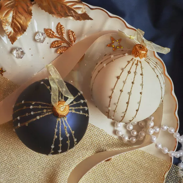 Set di 6 palline di Natale in vetro (D80 mm) Christmas night Bianco lana e blu notte