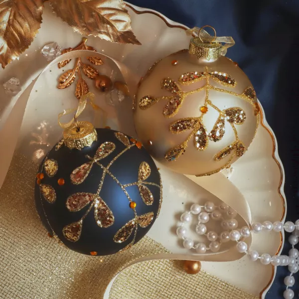 Set von 12 Weihnachtskugeln aus Glas (D80 mm) Goldene Bl�tter, Nachtblau und Perlwei?