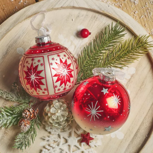 S�t med 12 julekugler i glas (D80 mm) Meribel R�d med s�lvglitter