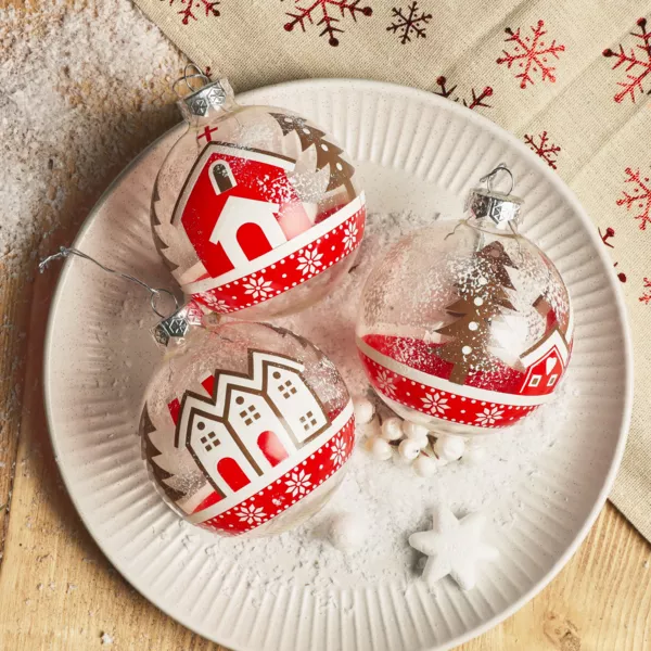 Set di 12 palline di Natale in vetro (D80 mm) Villaggi innevati Rosso e bianco
