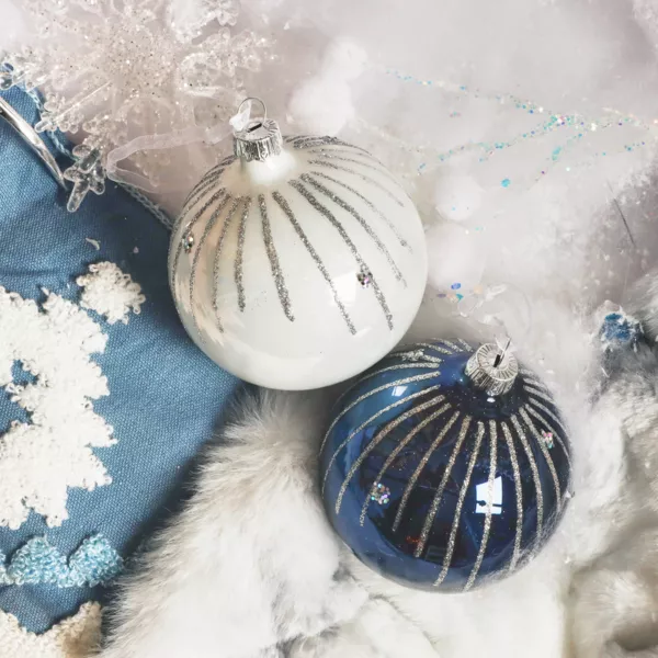 Lot de 6 boules de No�l en verre (D80 mm) Mistery Bleu nuit et blanc