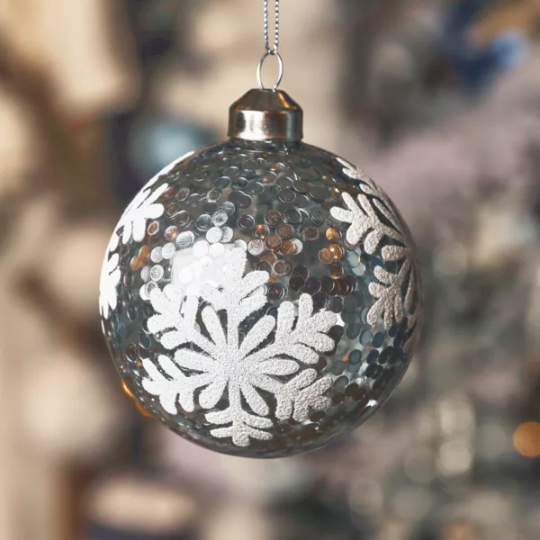 Set di 3 palline di Natale in vetro (D80 mm) Fiocchi di neve e glitter Argento