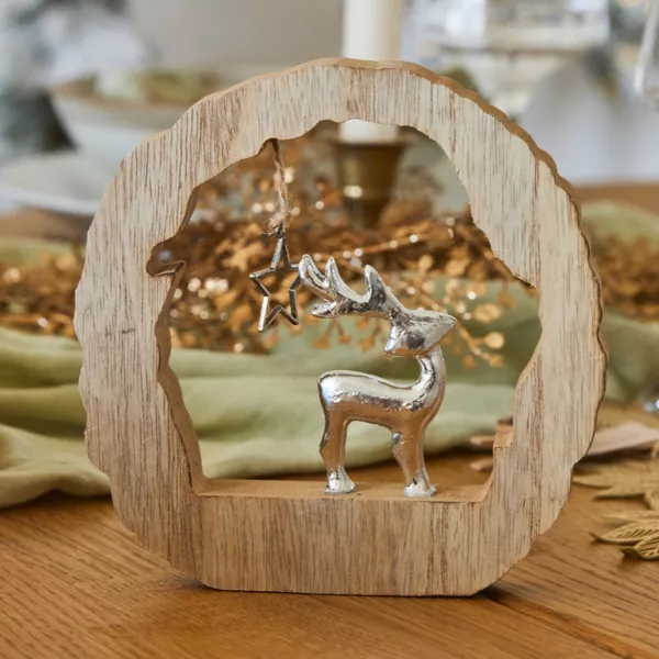 Tronco de madera (H14 cm) Reno y estrella Madera rubia