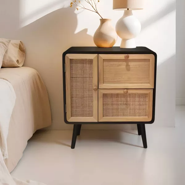 Nachttisch aus Holz und Rattan (50 x H55 cm) Osaka Schwarz und Holz
