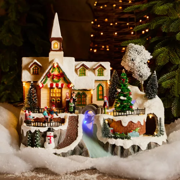 Lysende, animeret og musikalsk julelandsby (H33 cm) Kirke og sangere