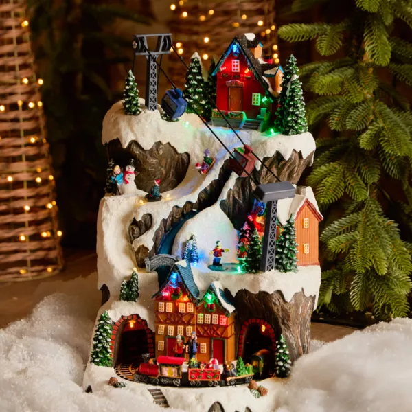 Pueblo de Navidad luminoso, animado y musical (H40 cm) Estación de Montaña