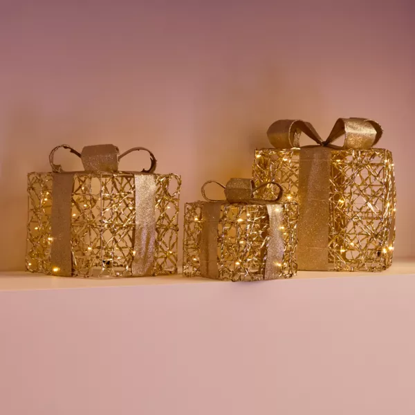 Set van 3 lichtgevende cadeaus op batterijen 30 LED (H30 cm) Sprookje Goud en Warm Wit