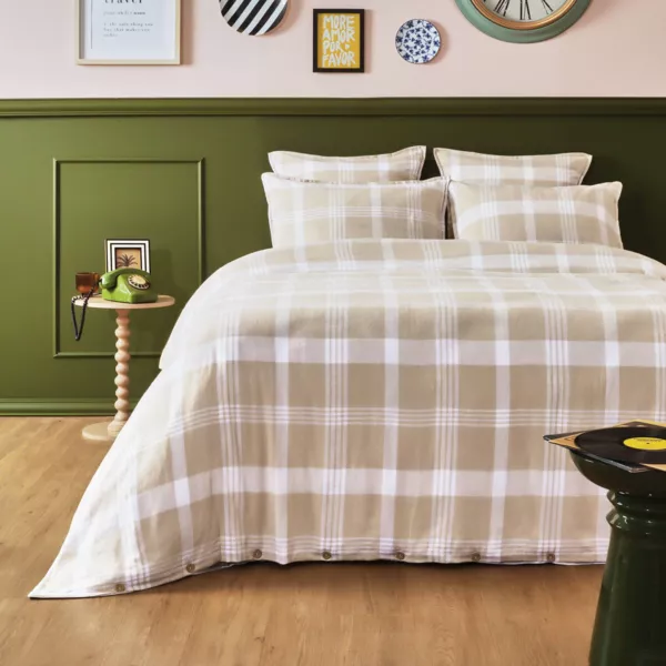Housse de couette flanelle de coton (240 x 220 cm) Nina carreaux Beige