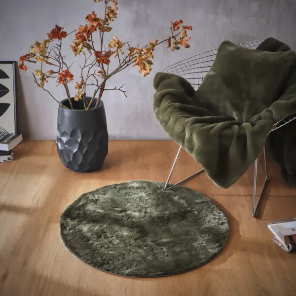 Alfombra redonda de piel sint�tica (80 cm) Finn Verde caqui
