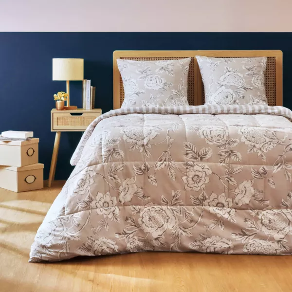 Couette imprim�e et deux taies d'oreiller coton (200 x 200 cm) Lara Beige