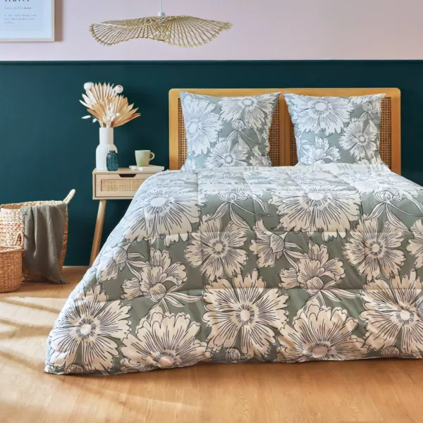 Edred�n estampado y dos fundas de almohada de algod�n (200 x 200 cm) Lara Verde