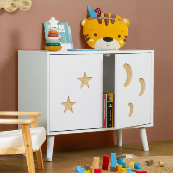 B�rnev�relses opbevaringsm�bel i tr� med 2 d�re (H65 cm) Stars Hvid