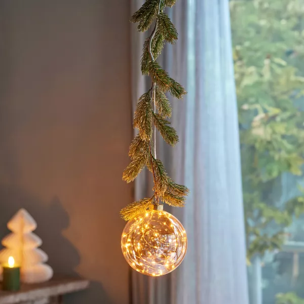 Suspensi�n luminosa a pilas 30 LED (D14 cm) Abeto y Bola Blanco c�lido