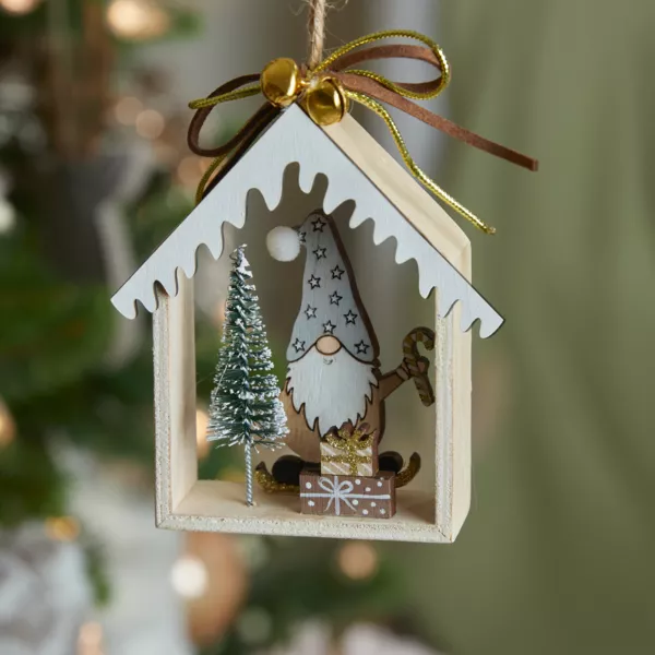 Weihnachtsanh�nger aus Holz (H11 cm) Weihnachtsmannhaus Grau