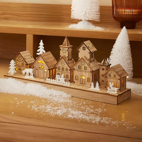 Escena de vida luminosa a pilas en madera (30 x H13 cm) Aldea m�gica