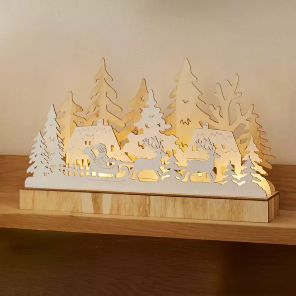 Villaggio di Natale in legno luminoso a pile (30 x 18 cm) Polo Nord