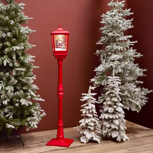 Farol de Navidad iluminado musical y animado 10 LED (H185 cm) Nieve cayendo Rojo