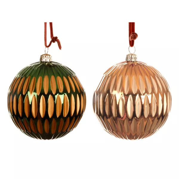 Set van 12 kerstballen (D80 mm) Luxe Retro Oranje en dennengroen
