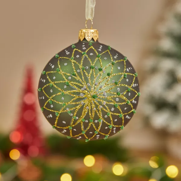 S�t med 6 julekugler i glas (D80 mm) Glitrende blomster i grantr�sgr�n