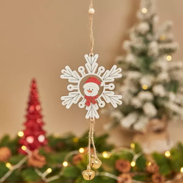Adorno de Navidad de madera (D9 cm) Mu�eco de nieve y copo de nieve Blanco