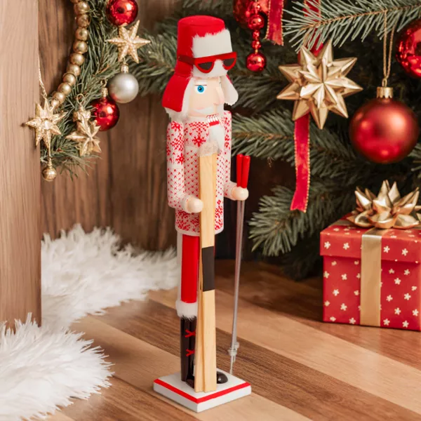 Cascanueces de madera (H60 cm) Henri esquiando Rojo y blanco