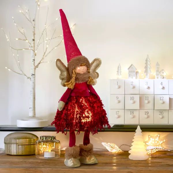 Beleuchteter Weihnachtsengel mit Batteriebetrieb (H48 cm) Mondlicht Fee Rot