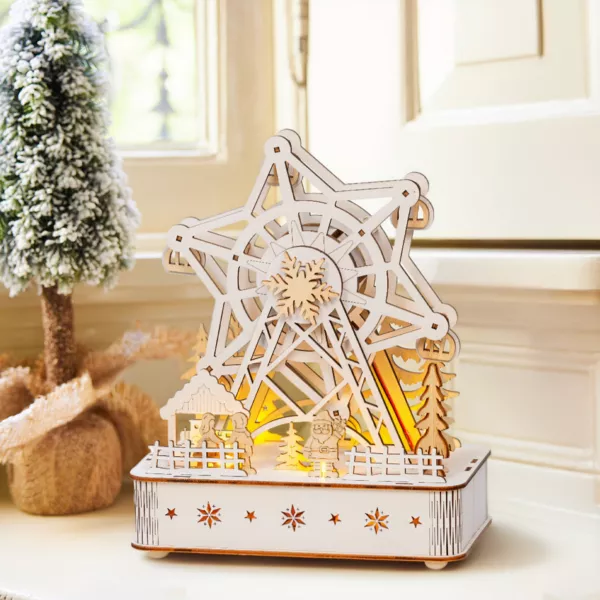 Beleuchtetes  und musikalisches Weihnachtsdorf aus Holz mit Batteriebetrieb (20 x 24 cm) Riesenrad