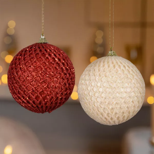 Set von 12 Weihnachtskugeln (D100 mm) Karos und Glitzer Rot und Perlwei�