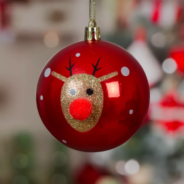 Set von 12 Weihnachtskugeln (D80 mm) Rentier Clown Glitzer Rot und Gold
