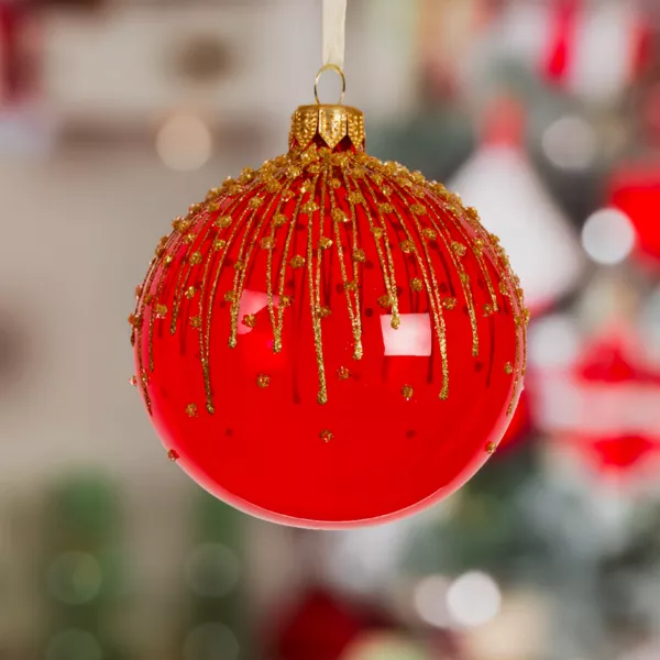 Set di 6 palline di Natale in vetro (D80 mm) Fiore ghiacciato Rosso