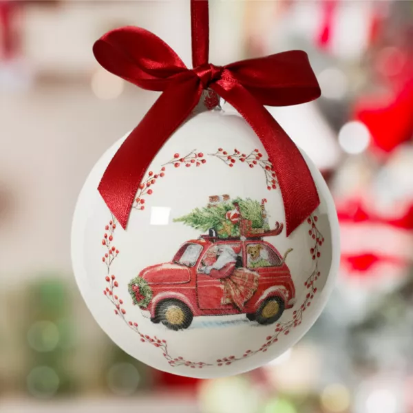 Boule de No�l (D100 mm) Noeud rouge Voiture du P�re No�l Blanc