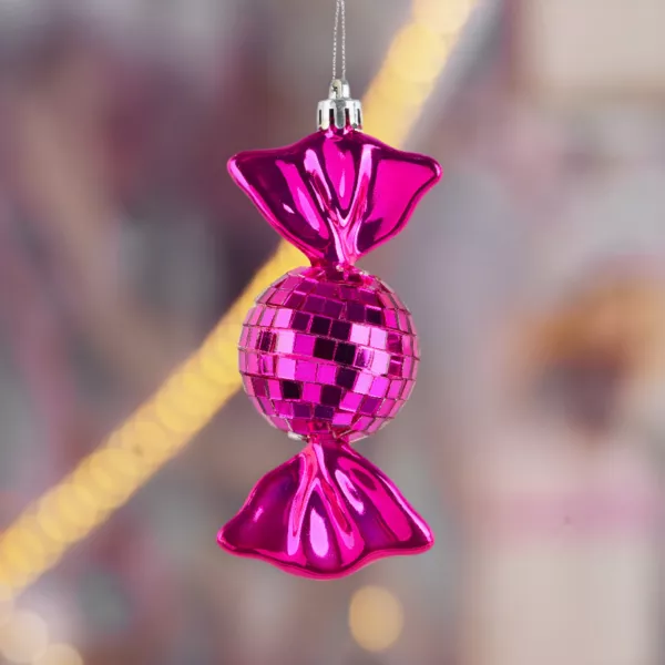 Set di 3 Decorazioni Natalizie da appendere in Schiuma (H12 cm) Caramelle Disco Rosa Fucsia