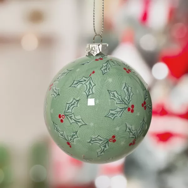 Set von 7 Weihnachtskugeln (D80 mm) Gr�n und Rot mit Stechpalmenmotiv