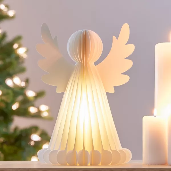 Lichtgevende engel op batterijen 6 LED (H28 cm) Papier magnetische sluiting Wit