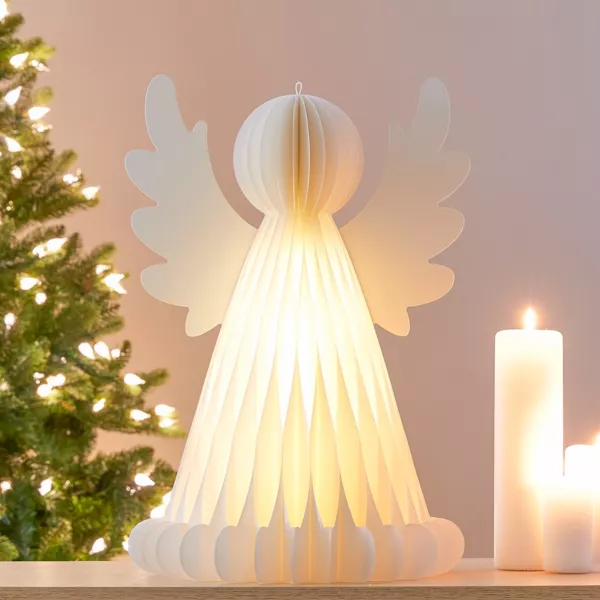 Lichtgevende engel op batterijen 6 LED (H50 cm) Papier magnetische sluiting Wit