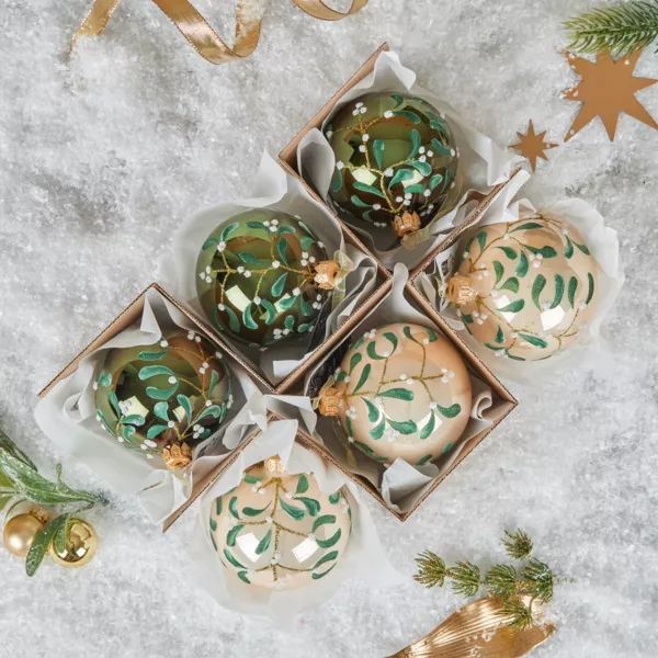 Set van 6 glazen kerstballen (D80 mm) Bloemen en misletoe parelwit 