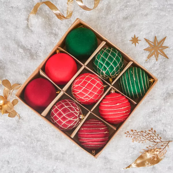 Lote de 9 bolas de Navidad (D80 mm) Muswell Burdeos y verde abeto