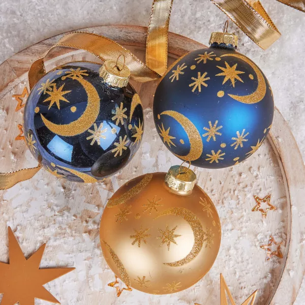Set van 12 kerstballen van glas (D80 mm) Moon Nachtblauw en goud